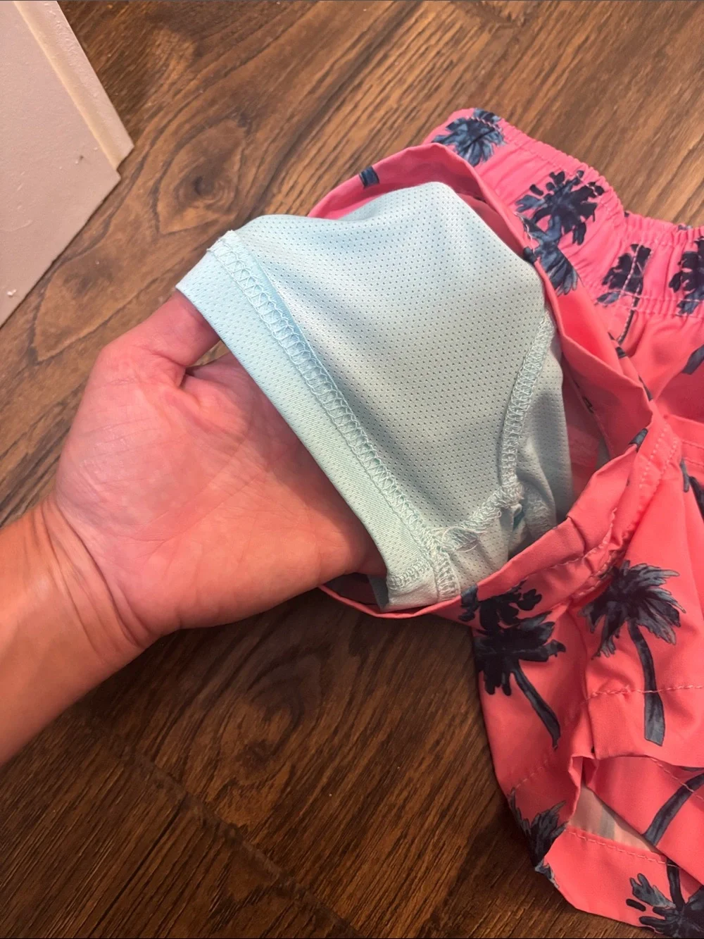 Kids' Pink Palm Print Swim Trunks